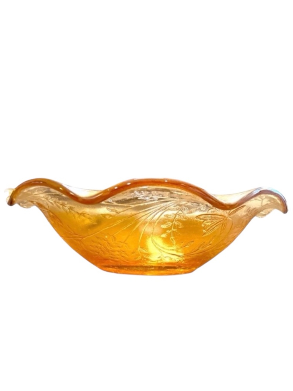 Vintage Marigold Carnival Glass Fruit Bowl 9.5” Floral Ruffled Iridescent Gold